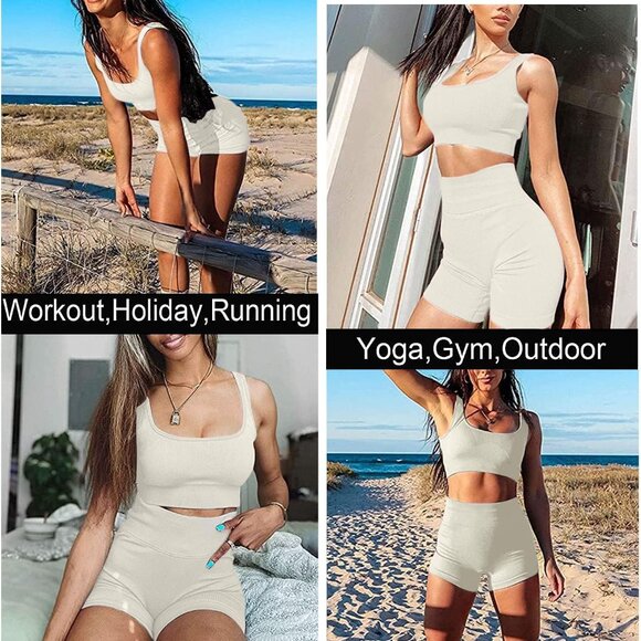 Luxury Women's 2-Piece Ribbed Workout Set - High Waist Gym Outfit & Yoga Shorts - Picture 4 of 4